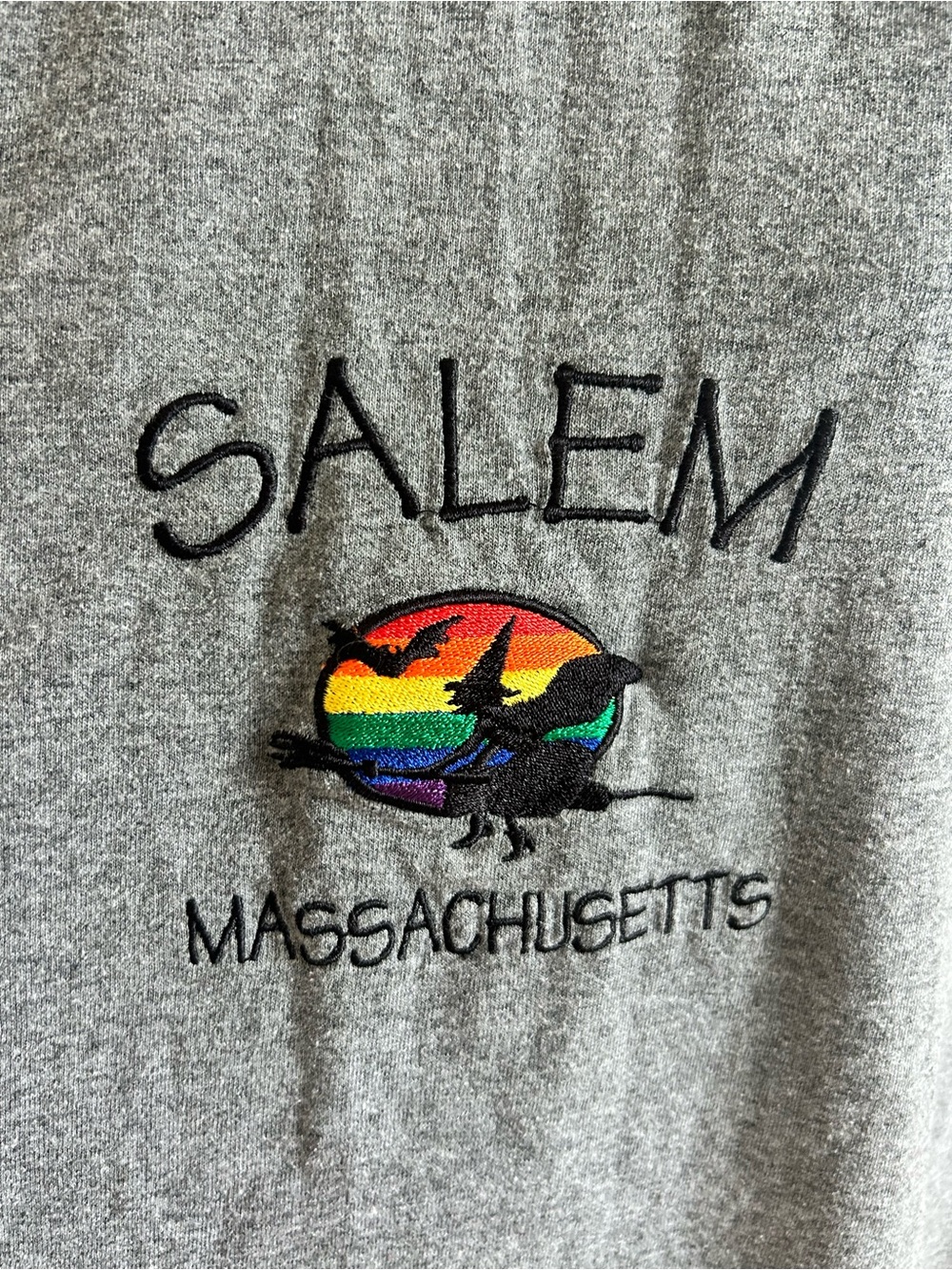 Gildan Gray Tee with Rainbow Moon and Witch Embroidery